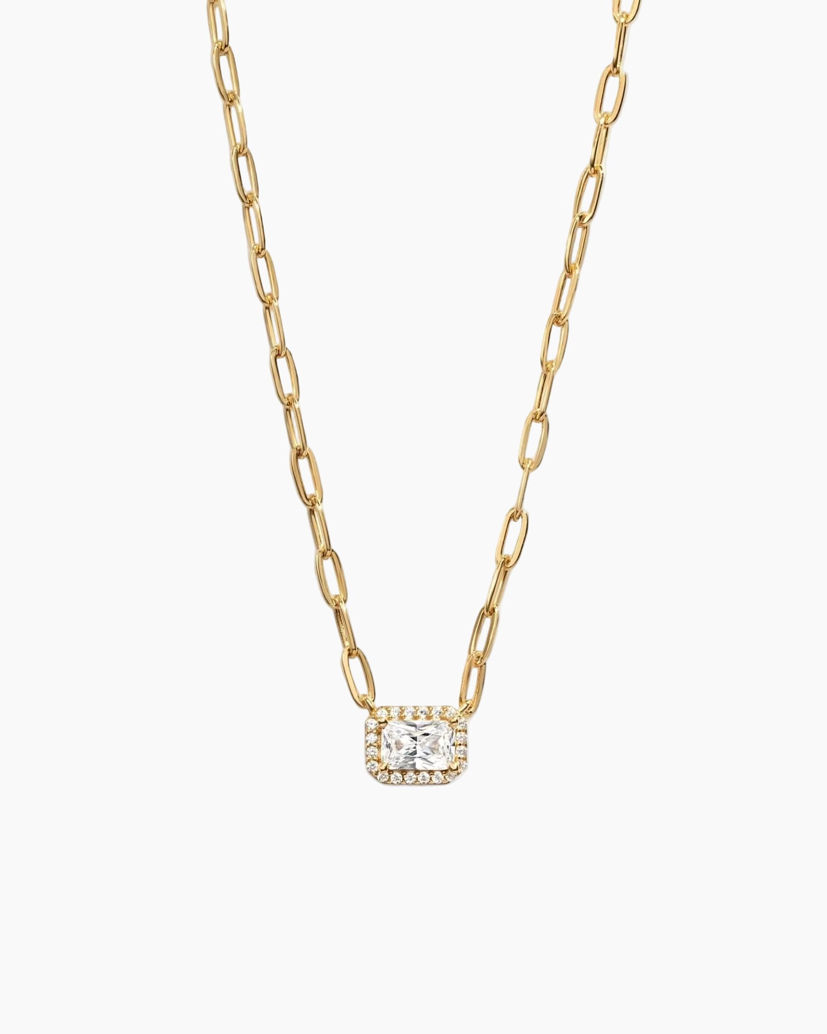 Halo Baguette Necklace w/ Paperclip Chain